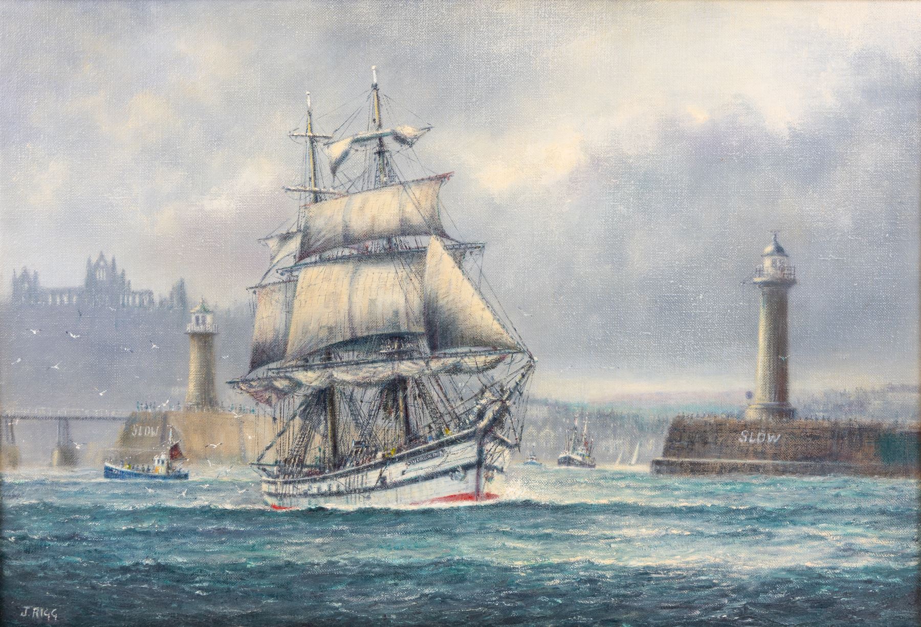 Jack Rigg (British 1927-2023): 'The Cuidad de Inca leaving Whitby 1982', oil on canvas signed, titled verso 45cm x 65cm
Provenance: purchased David Duggleby Ltd 2nd December 2016 Lot 120