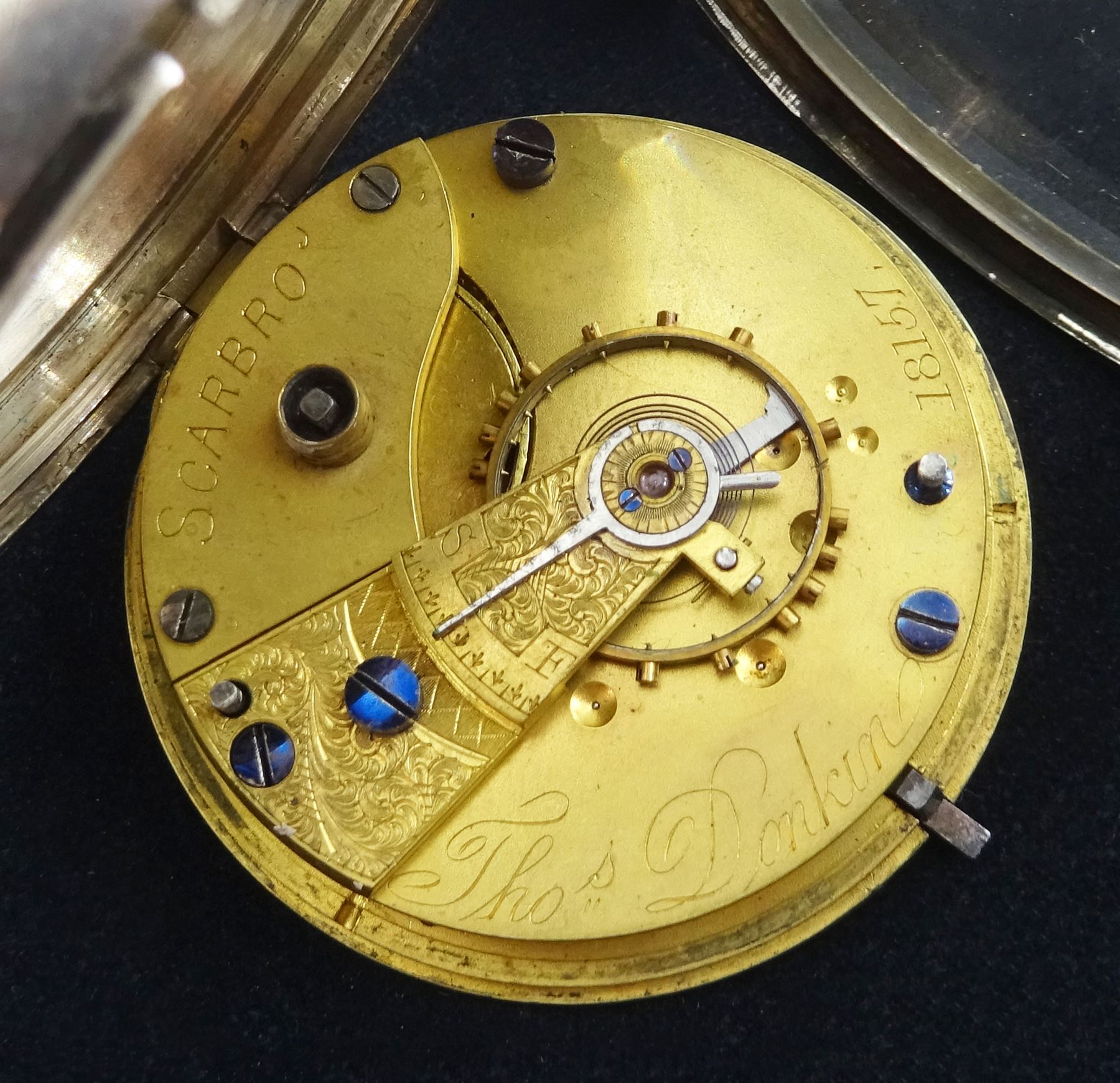 Victorian silver open face key wound lever pocket watch by Thomas Donkin, Scarborough, No. 18157, case by Charles Harris, Birmingham 1893, smaller silver pocket watch by George Cooper, Scarborough, No. 1836, on gilt watch chain, both with white enamel dials and subsidiary seconds dials and a silver fob watch