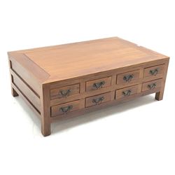 *Large hardwood multi-drawer coffee table fitted with eight drawers each side, 130cm x 84cm, H46cm