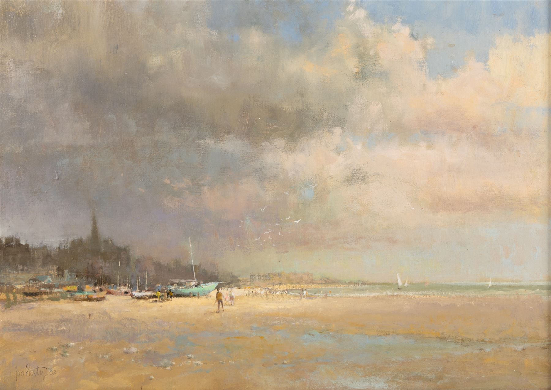 Jon Peaty (British 1914-1991): Beach Scene with Boats, oil on board signed and dated '82, 36cm x 51cm 