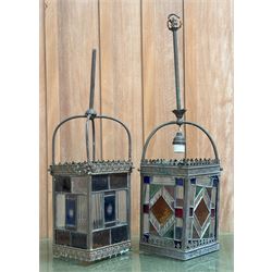 Two early 20th century hall lanterns, gilt metal frames enclosing stained glass panels, larger H80cm - COLLECTION BY APPOINTMENT FROM: The White House, Thirsk Road, Easingwold, York, YO61 3NF - CALL 01723 507111 TO ARRANGE