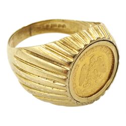 1945 gold Dos Pesos coin, loose mounted in 9ct gold ring, hallmarked