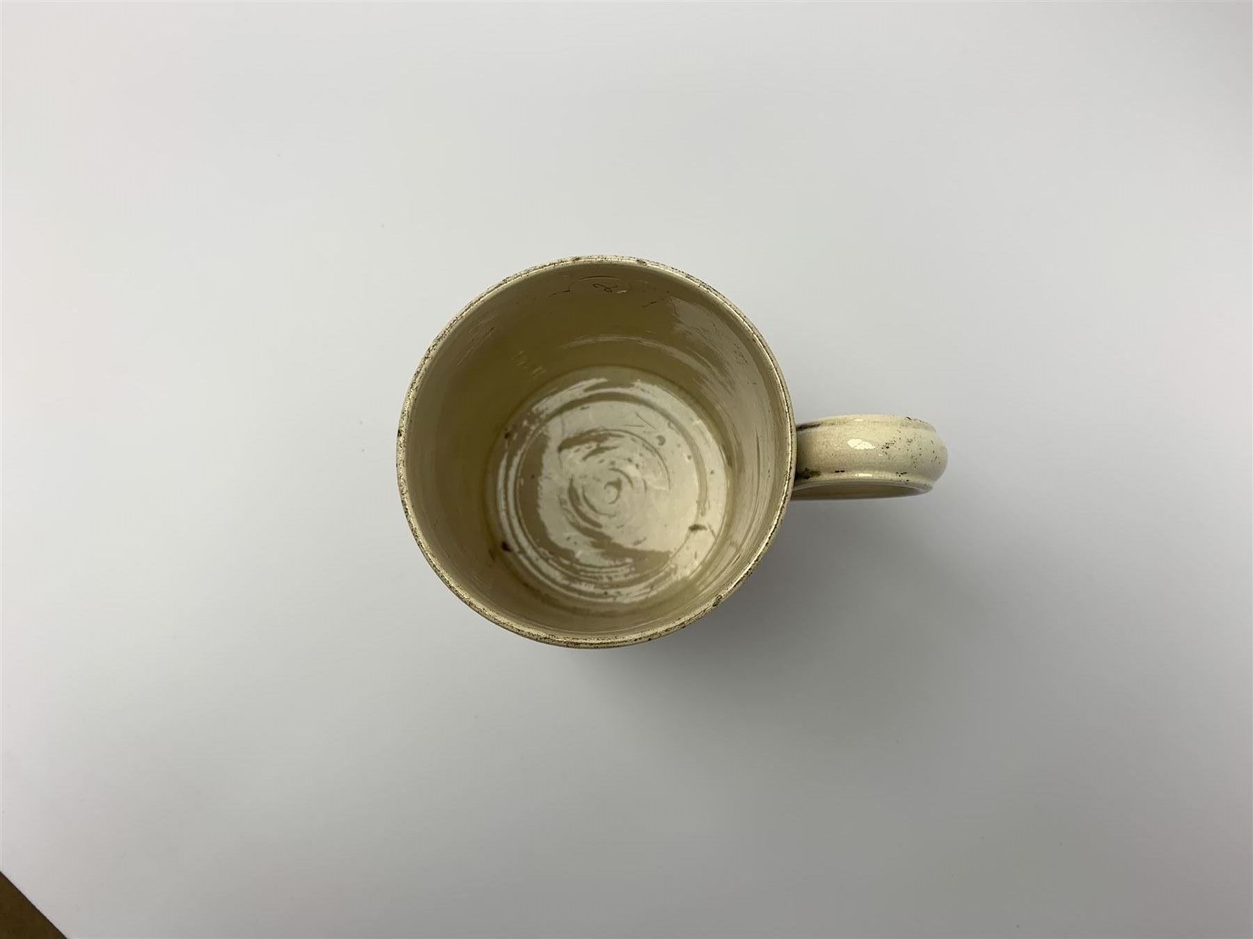 Late 18th century earthenware mug, possibly Ralph Wedgwood, Burslem or Ferrybridge, with surface marbled decoration and later gilt detail to rims and handle, impressed beneath Wedgwood & Co, H12cm