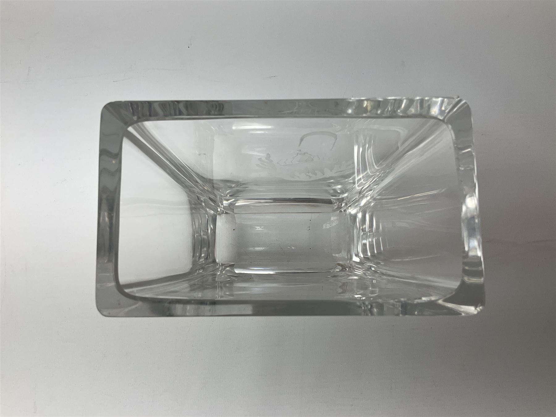 Orrefors art glass vase decorated with engraved Romeo and Juliet balcony scene, designed by Nils Lanberg circa 1950's, no. 3161, with etched marks beneath, H20cm