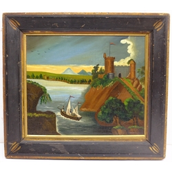 Continental Primitive School (19th century): River Landscape with Castle, oil on panel unsigned 29cm x 34cm 