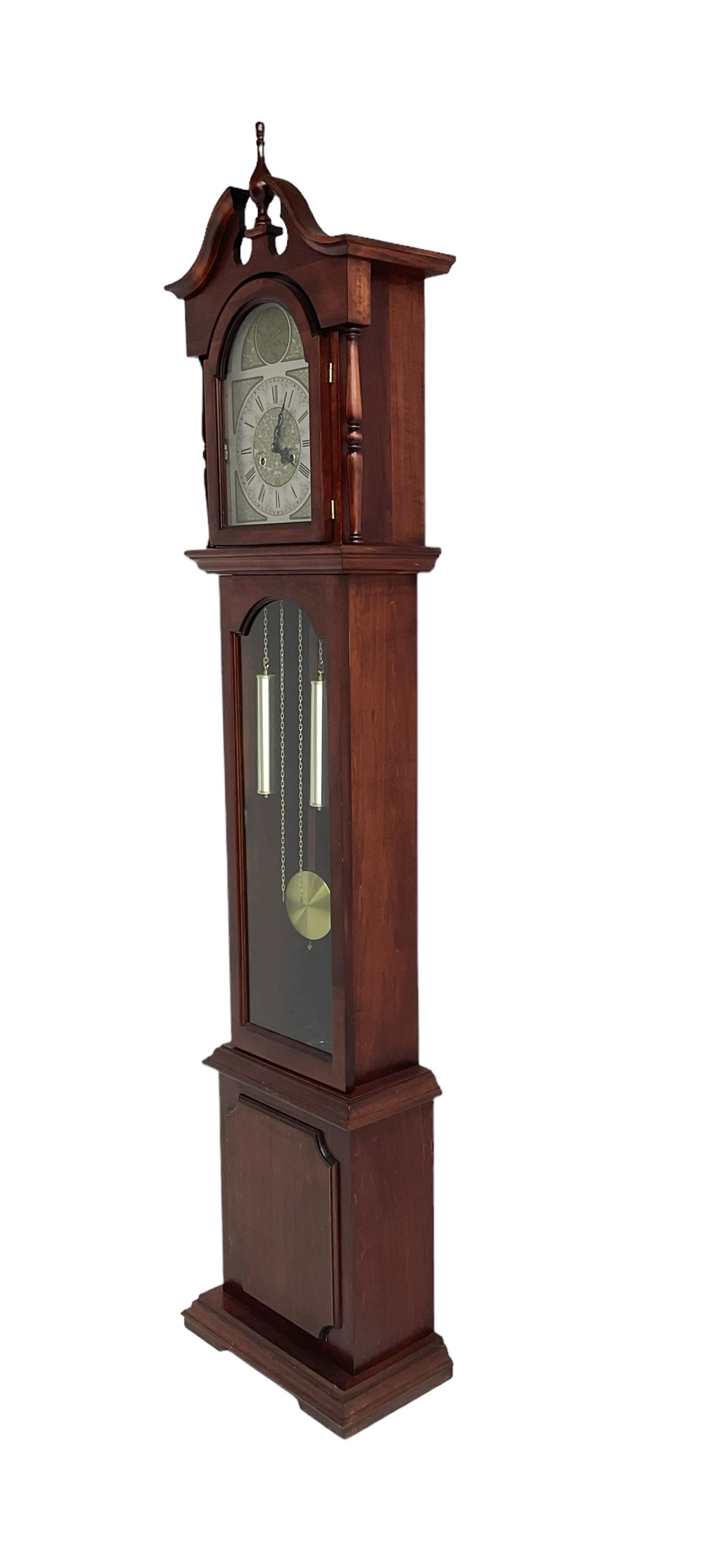 Late 20th century - Mahogany cased spring driven longcase clock, with an etched brass and silvered dial and pierced steel hands, fully glazed trunk door with visible pendulum and dummy weights, striking the hours and half hours on a gong.