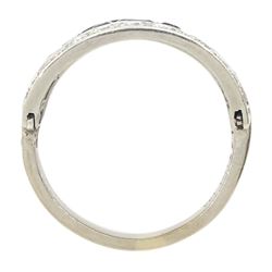 18ct white gold three row calibre cut sapphire and single cut diamond ring, hallmarked, total diamond weight approx 0.65 carat