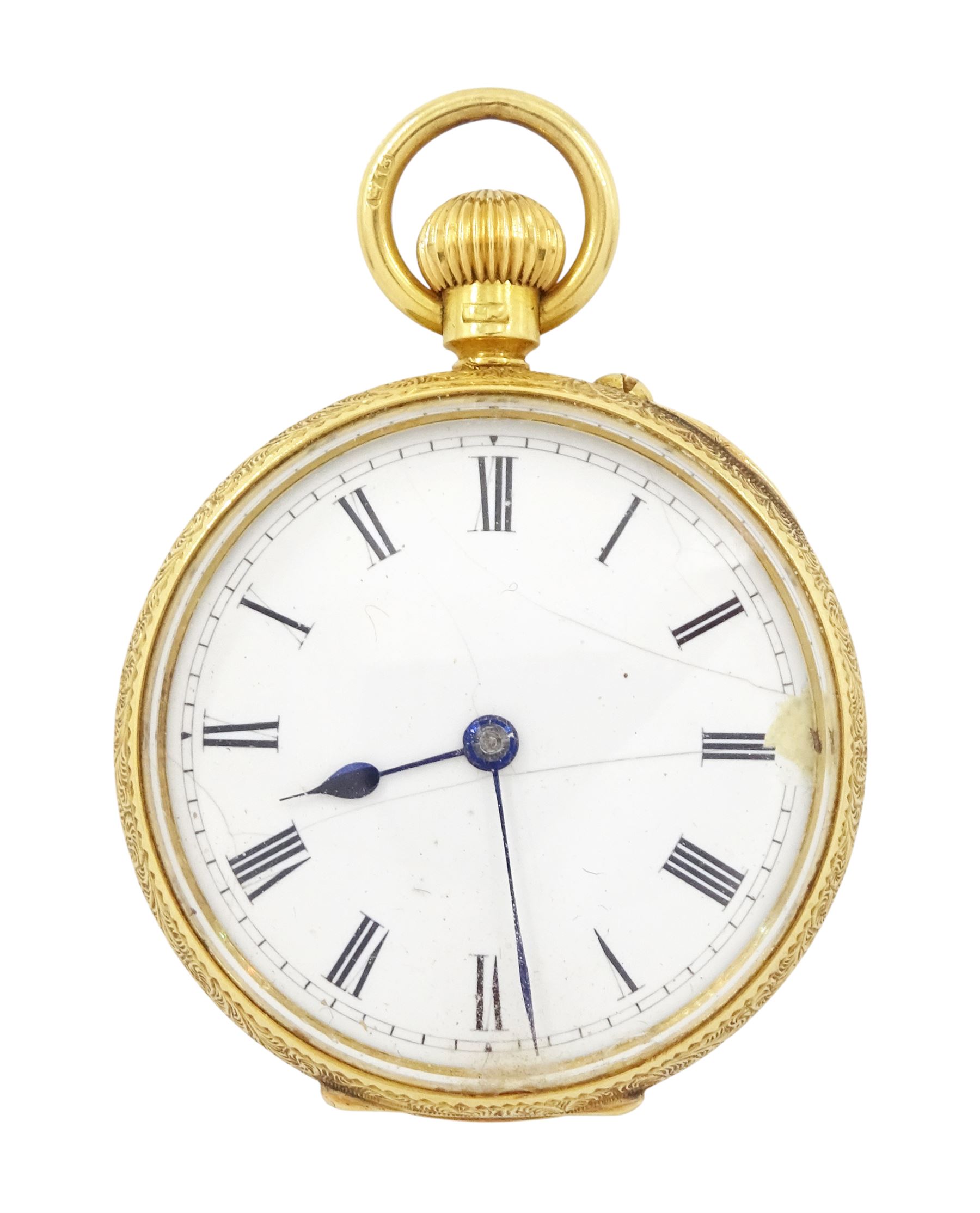 Victorian 18ct pocket open face keyless lever fob watch by Andrew King, Hull, No. 193921, white enamel dial with Roman hour markers, engraved foliate case with cartouche by Rotherham & Sons, Birmingham 1898