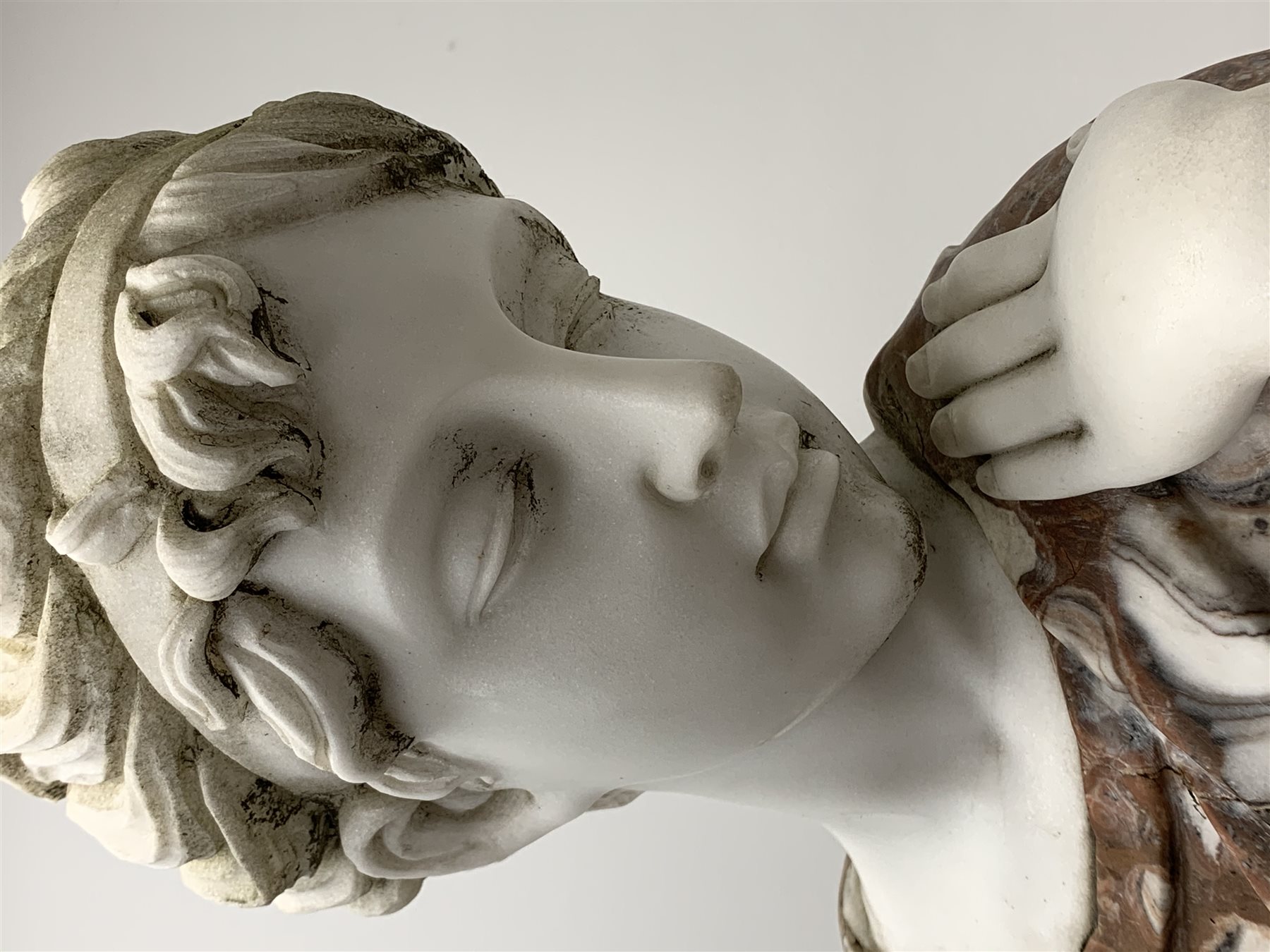 Victorian style rouge and white marble classical statue of woman dancing, on circular stepped moulded plinth base, H185cm