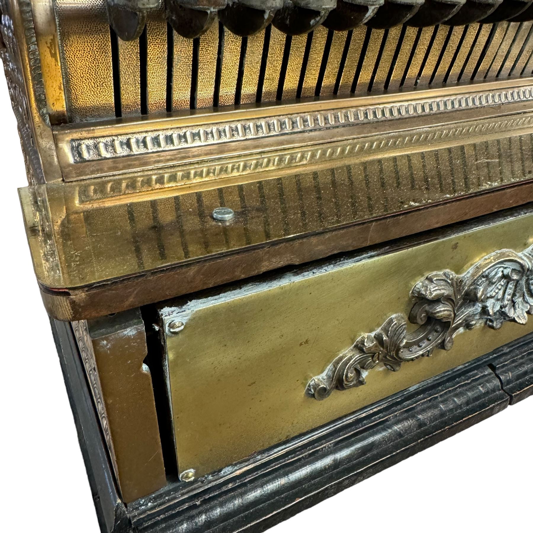 Early 20th century copper and brass till, embossed throughout with relief floral and acanthus leaf decoration, made by The National Cash Register Company Dayton Ohio USA, H46cm