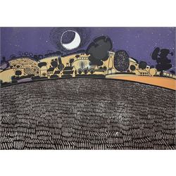 Graham Clarke (British 1941-): 'Harvest Moon' 'Hill at Woodlands' 'Behind Soreham', set four colour prints with fascimile signatures 42cm x 60cm (4) (unframed)