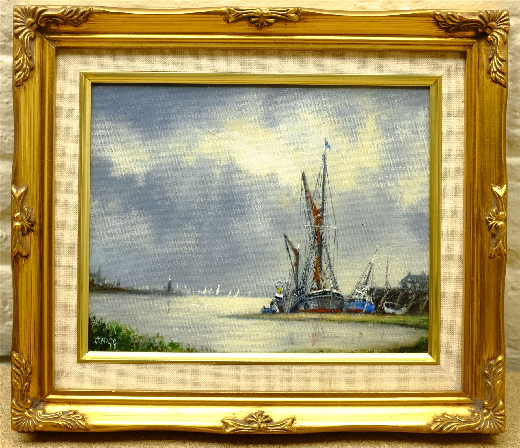 Jack Rigg (British 1927) 'Storm Ahead' Boats Moored in an Estuary