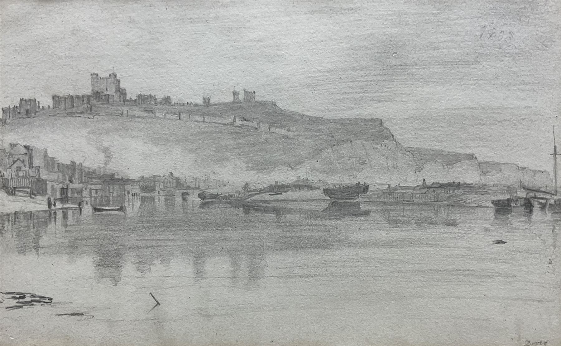 John Constable RA (British 1776-1837): 'Dover', pencil sketch titled and dated 1803, inscribed verso 14cm x 23cm 
Provenance: deceased estate/house clearance in the Leeds/York area, located in a suitcase with broken glass - back opened and glass replaced prior to auction. With The Little Gallery, 5 Kensington Church Walk, London W8, who were active around 1971-1975 specialising in big name artists but the pictures were often sketches, untypical works, thumbnail drawings etc (far more readily available at this period). There are many other examples of big name artist's pictures being sold with the same Gallery label in the same handwriting. The back of the drawing is inscribed 'J Constable' probably in the handwriting of John Fisher, his friend and patron, who on Constable's death dispersed many sketches and scrapbooks. Notes: Constable made a series of drawings, mainly of shipping, during his voyage on the East Indiaman 'Coutts' from London to Deal in April 1803. In a letter to his good friend John Dunthorne, dated 23rd May 1803, he writes 'I came on shore at Deal, walked to Dover (about one and a half hours) and the next day returned to London', giving him a half day in Dover.