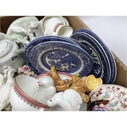 Set of four contemporary Mosa Holland tiles, three further tiles, Grayshott pottery clock, motto ware teacup and saucer, jug and mug, Royal Albert Old Country Roses, Chinese mud men figures, Spode etc and Quantity of ceramics and glassware to include art glass vase, Royal Grafton, Royal Doulton and Colclough dinner wares, Poole, copper lustre, vases etc in six boxes