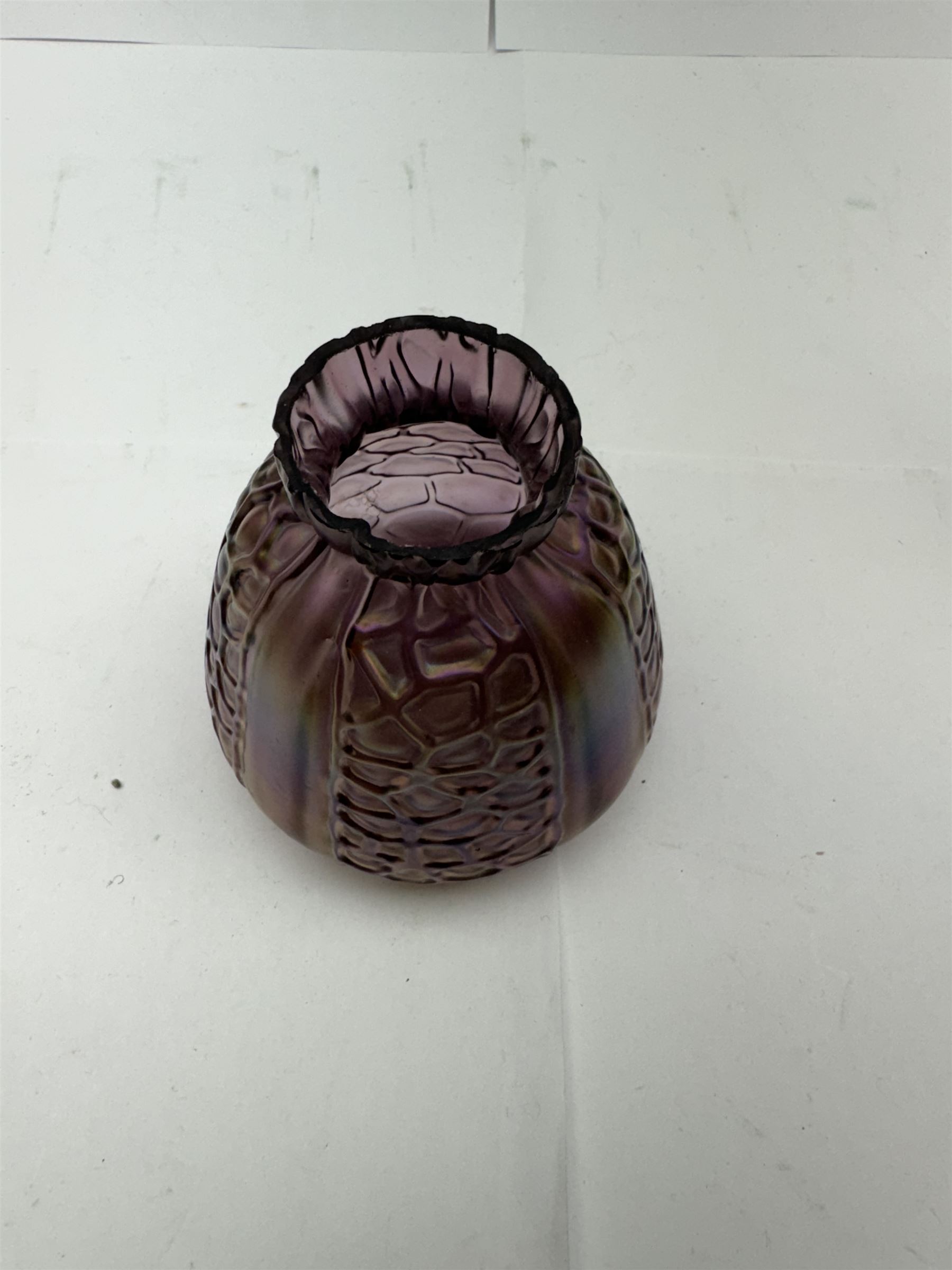 Five Austrian Art Nouveau glass vases, to include Pallme-Konig example with split fluted rim, two similar Kralik examples with threaded vein decoration and two others, tallest H21.5cm