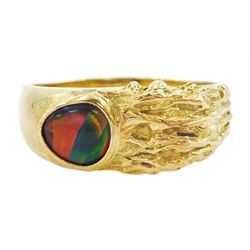 18ct gold single stone black opal textured design ring