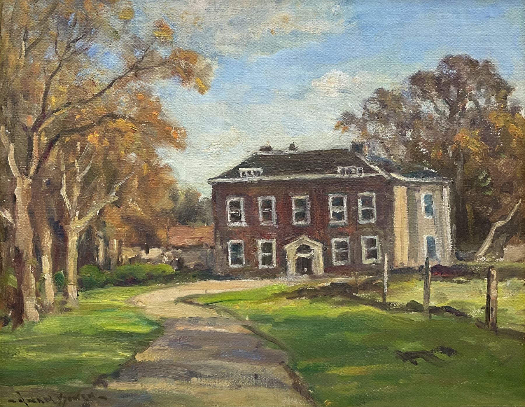 Owen Bowen (Staithes Group 1873-1967): 'Marton Hall School', Bridlington, oil on board signed, titled and dated 1963 verso on artists label 39.5cm x 50cm