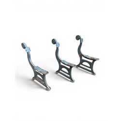 Set of three mid-20th century cast iron towns and park bench ends, scrolling pediment over arched stretchers, length to be altered as desired