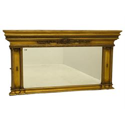 Large Classical design over-mantle wall mirror, rectangular bevelled plate in gilt frame with ornate detail and ribbed column pilasters
 