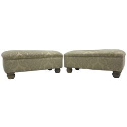 Traditional design three-piece lounge suite - three-seat sofa (W220cm, H90cm, D90cm); two armchairs (W115cm); and two footstools (77cm x 43cm, H31cm); upholstered in cream damask fabric