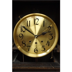  Early 20th century oak longcase clock, brass Roman dial with three train movement chiming the quarter hours on rods, H169cm   