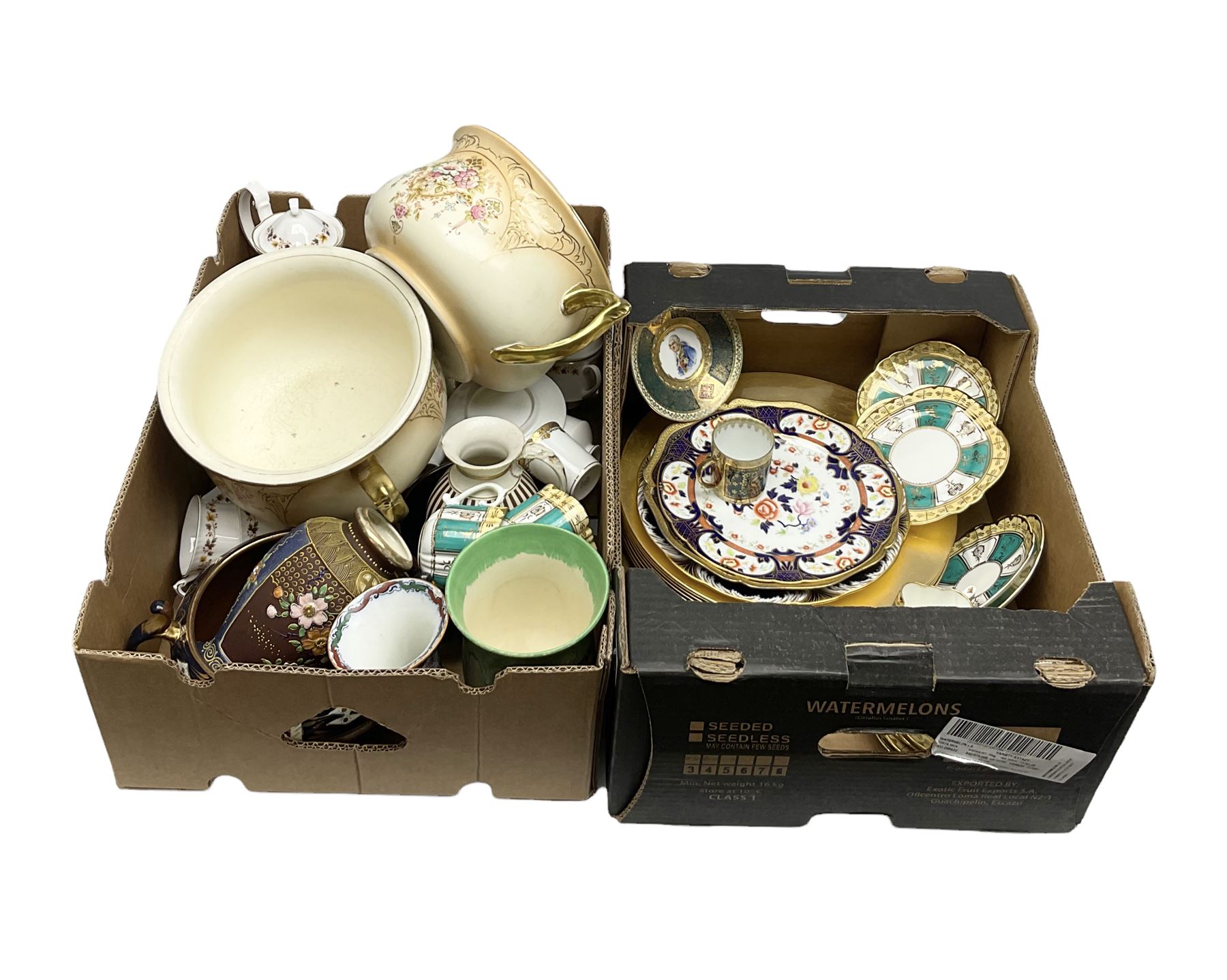 Quantity of Victorian and later ceramics to include Royal Kent 'Golden Glory' pattern tea service, imari pattern bowls, vases, plates etc in two boxes