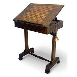 Mid-19th century rosewood games table, rectangular top inlaid with a chessboard, adjustabl...