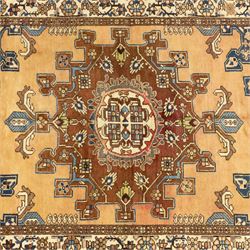 North West Persian Tafresh hand-knotted rug, pale apricot field with central stepped medallion enclosing stylized floral and angular motifs framed by indigo spandrels and multiple stylized floral borders, cotton fringe ends 