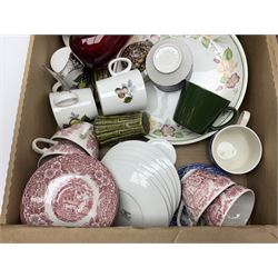 Shelley Maytime pattern sauce boat and saucer, Hornsea vases, blue and white Willow pattern dinner wares and a collection of other ceramics and glassware, in four boxes 