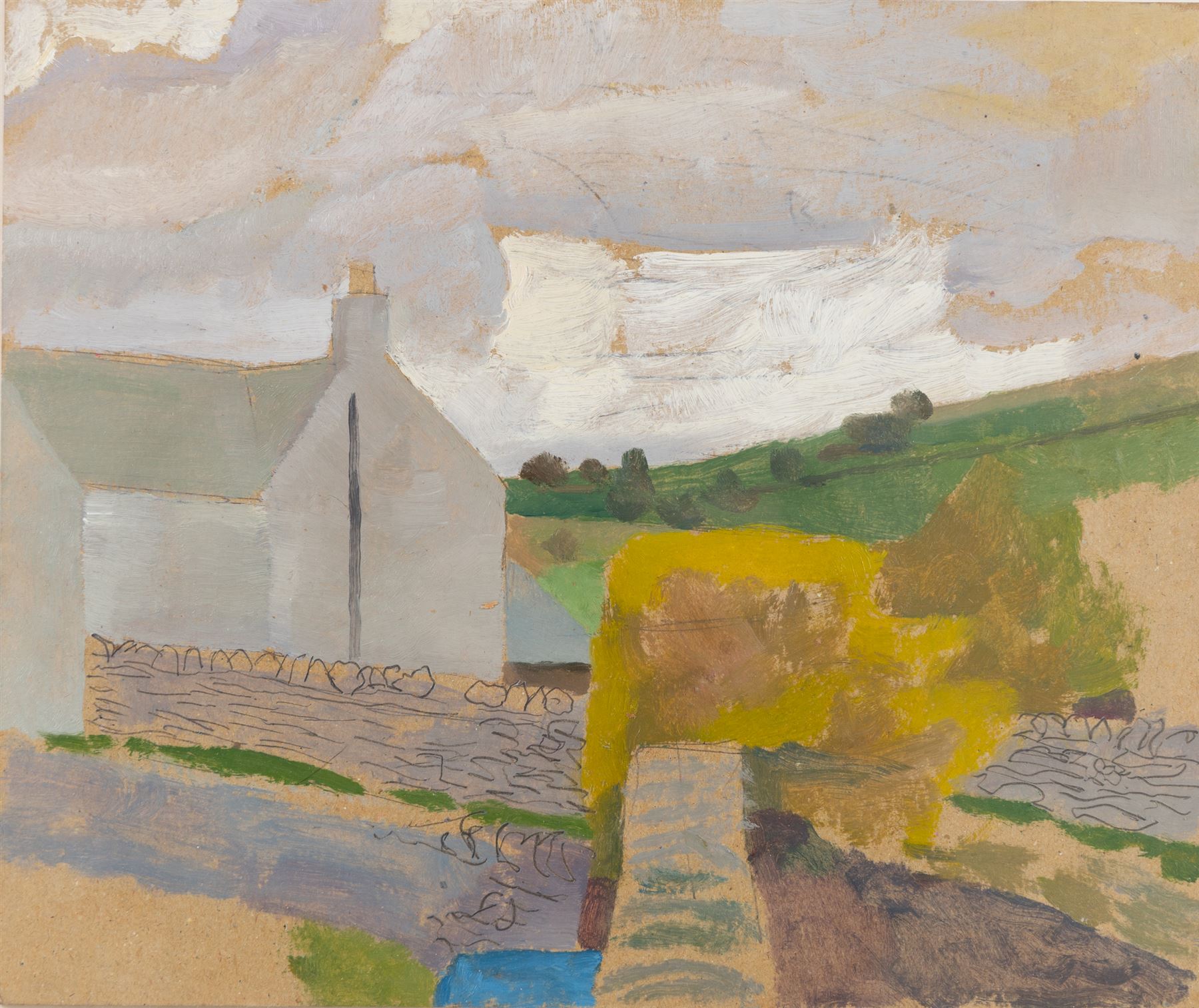 Sir Norman Robert Reid (British 1915-2007): View of a Cottage and Landscape, oil on board unsigned, inscribed verso 26cm x 31cm
Provenance: from the Estate of the Late Mrs Eugene Rosenberg