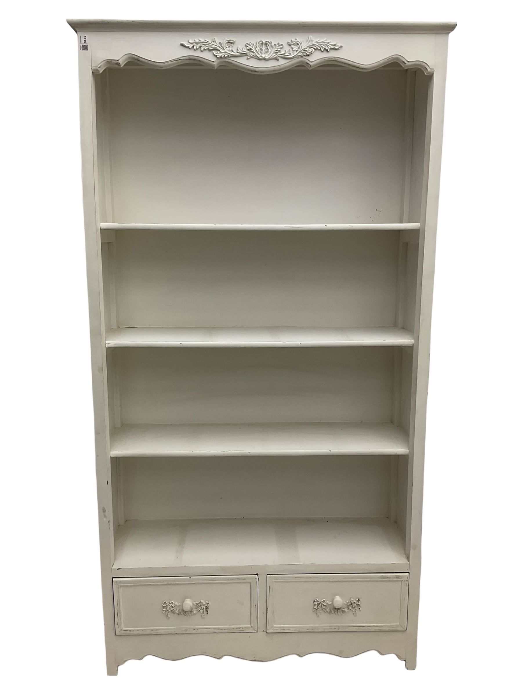 French style cream painted open bookcase with two drawers The