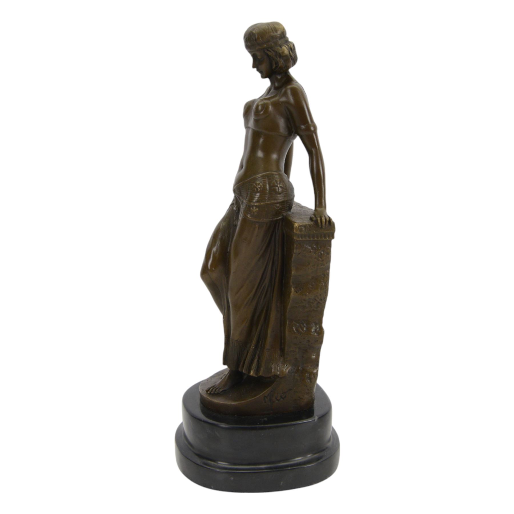 After Milo; Egyptian lady leaning on a wall with sphinx carving, upon a stepped oval base H25cm