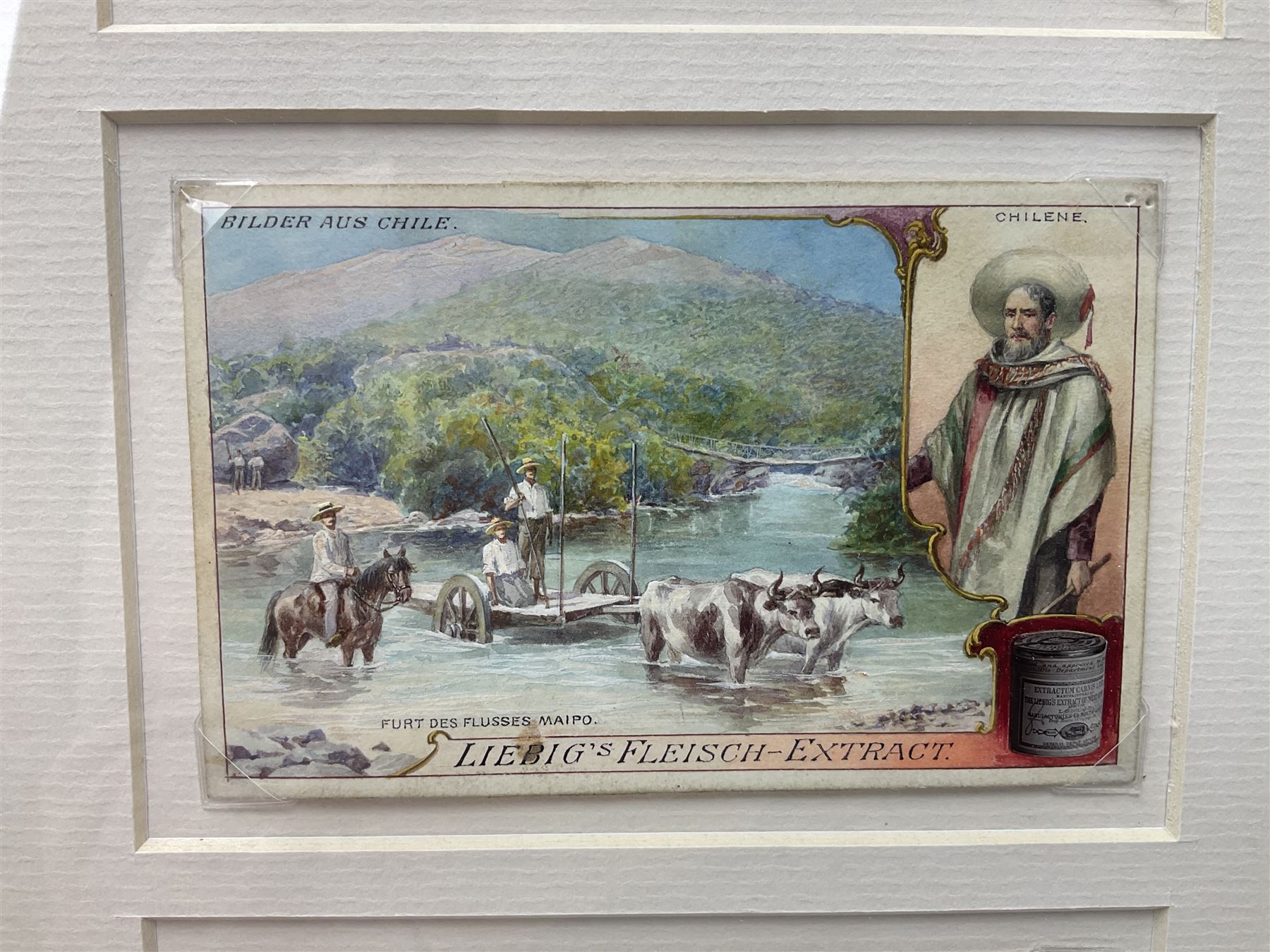 Six original illustrations for Liebig cards, mounted within a gilt frame, frame 71cm, W27cm