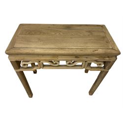 Chinese Ming design elm side table, rectangular top over shaped frieze rails, on square supports with curved outer edge 