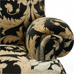 Duresta - hardwood-framed armchair, of traditional shaped with rolled arms, upholstered in arabesque pattern fabric decorated with urns and birds 