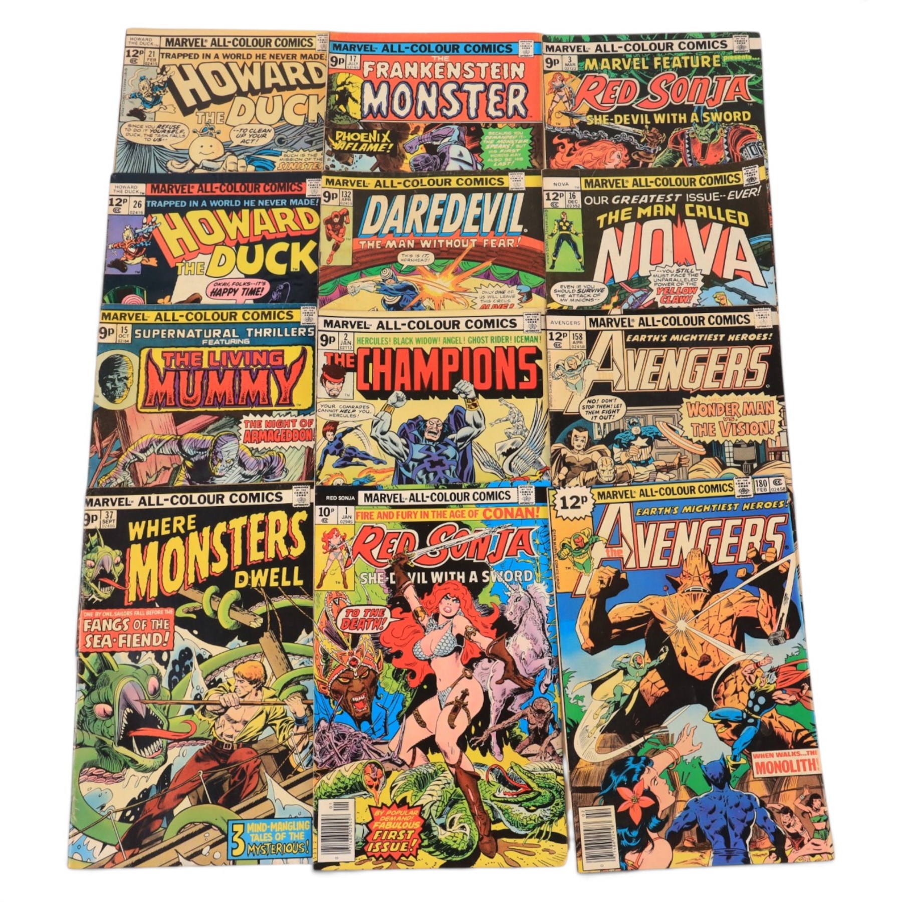 Collection of Bronze Age and later Marvel comic books, titles including  The Invincible Iron Man, The Champions, Captain Marvel, Captain America and The Falcon, War of the Worlds, Man Called Nova, Red Sonja, Skull the Slayer, The Living Mummy, The Frankenstein Monster, The Tomb of Dracula, The Human Torch, etc 
