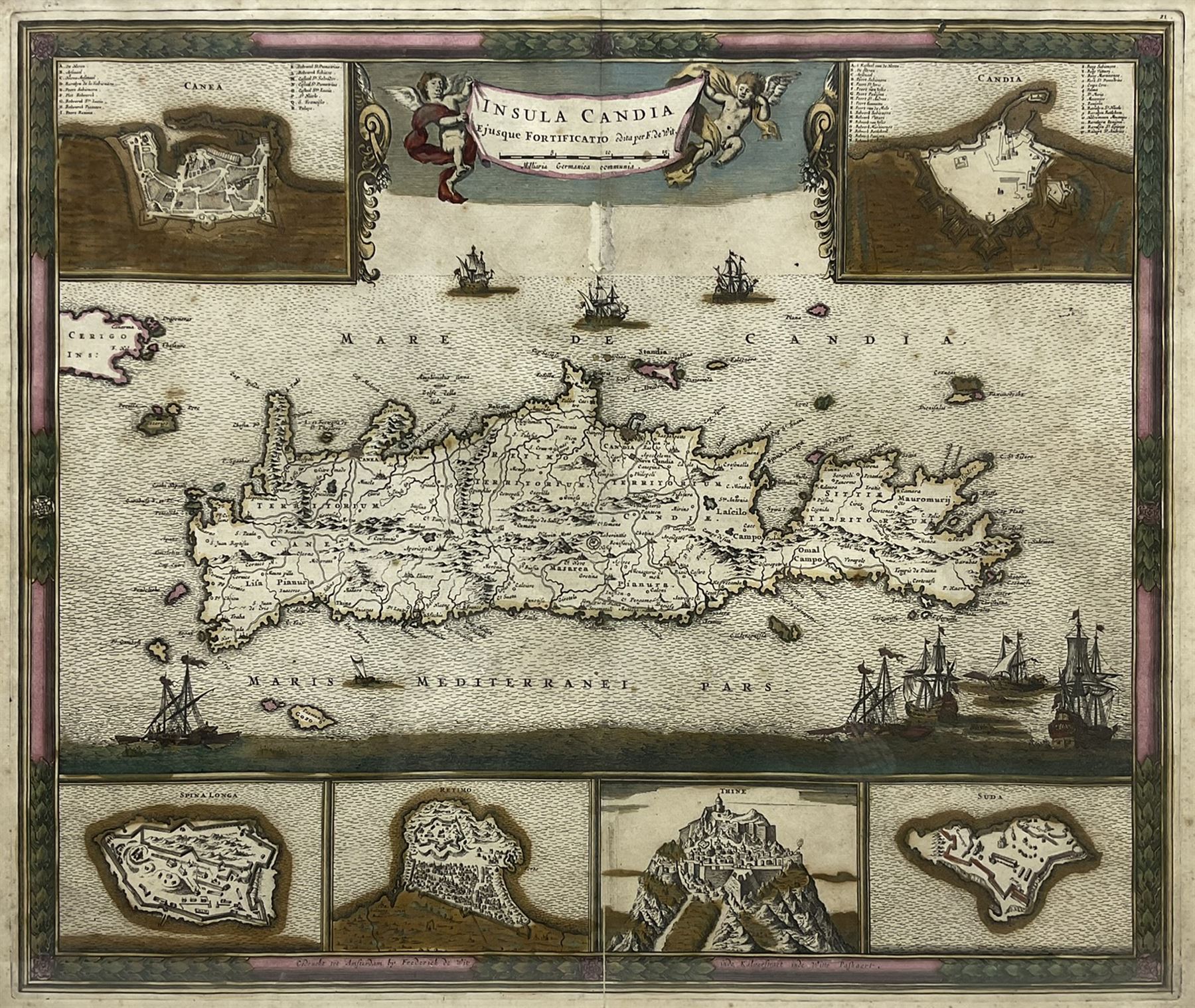 Frederik de Wit (Dutch 1629-1706): 'Insula Candia Ejusque Fortificatio' - Crete, 17th century engraved map with later hand-colour 46cm x 55cm