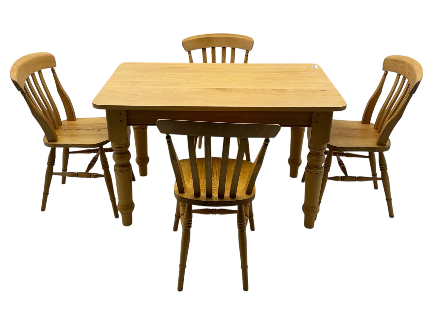 Light wood kitchen table; set of four chairs,  chairs have a shaped top rail over four vertical slats dished seat over turned legs on a H-stretcher 