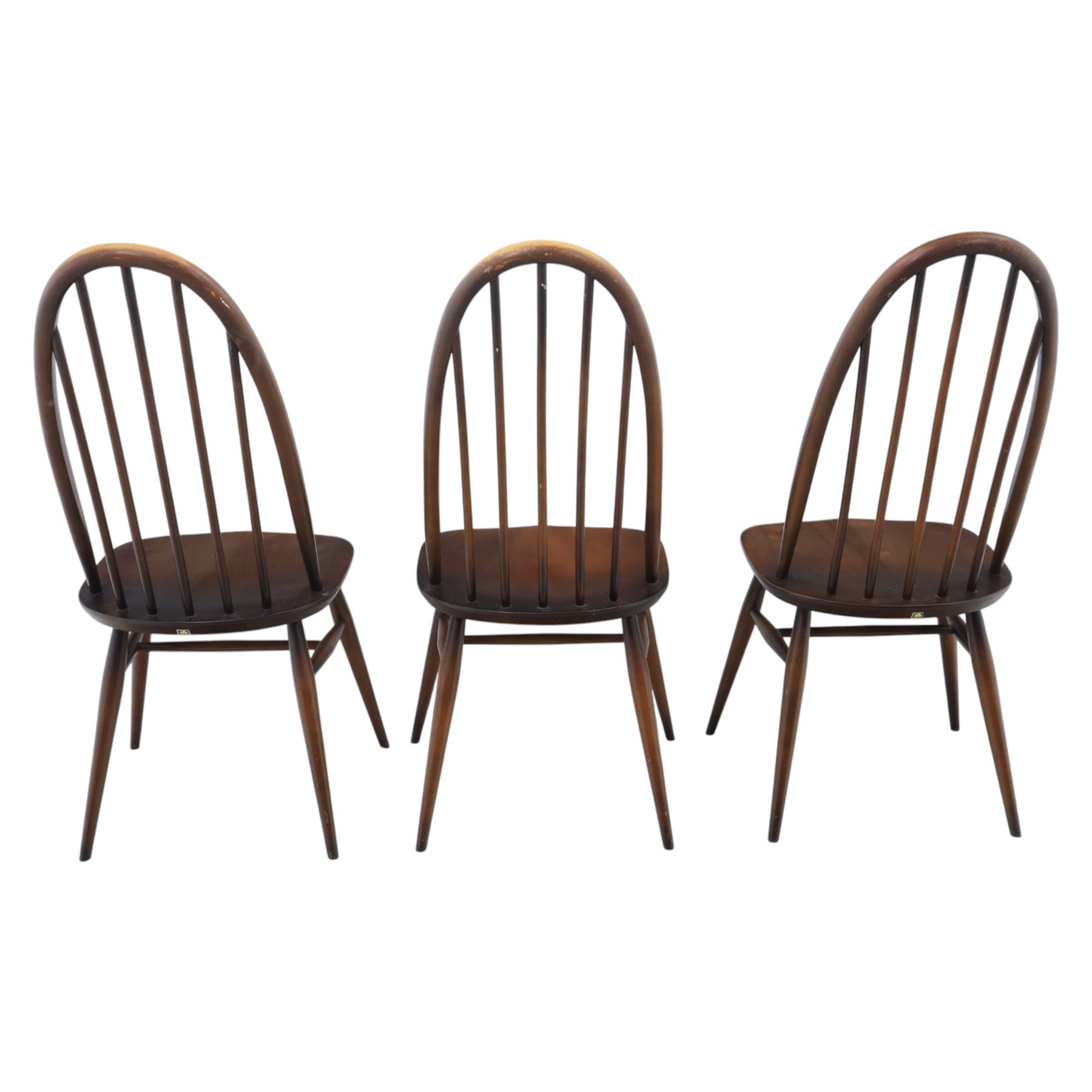 Ercol - set of six 'Quaker' dark elm chairs, high back hooped chairs, on tapering supports