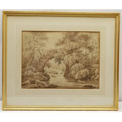 J Brown (British 19th century): 'Ivy Bridge Near Plymouth', monochrome watercolour signed and dated 1823, 29cm x 39cm