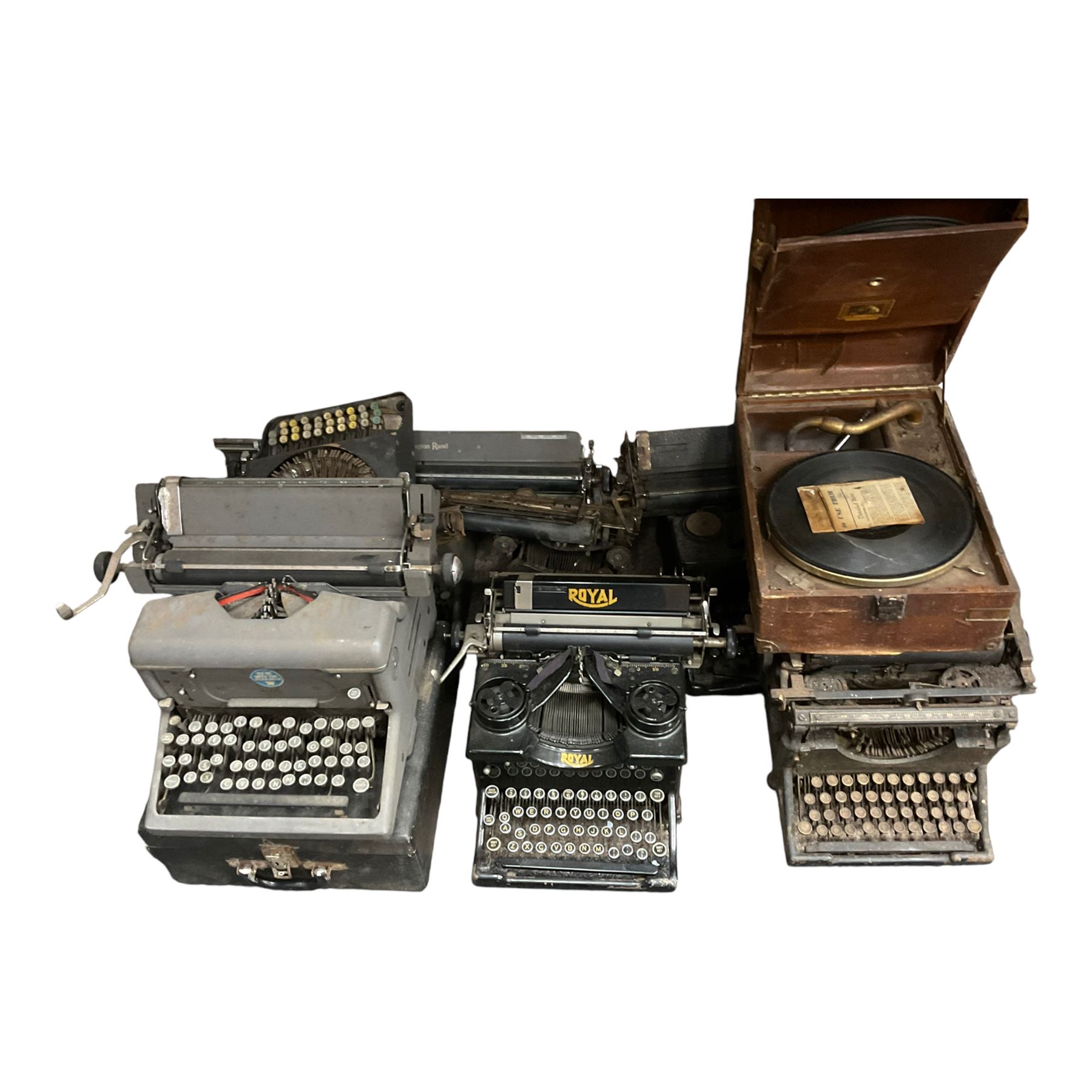 Collection of antique typewriters, including Royal and Imperial and gramophones 