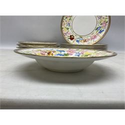 Hammersley Queen Anne pattern, part tea and dinnerwares, to include six dinner plates, five side plates, six soup bowls, teapot, covered sucrier, six teacups and saucers, etc together with six matched dessert plates (40)