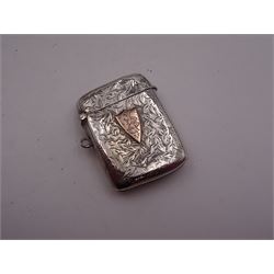 Group of silver, comprising 1930s pepper, of typical plain form, hallmarked Harrods Ltd, London 1938, together with an Edwardian vesta case, with engraved foliate decoration and monogramed rose gold shield cartouche, hallmarked G Loveridge & Co, Birmingham 1901, a pair of Victorian apostle top spoons, with pierced figural twisted stems, hallmarked Martin, Hall & Co, Sheffield 1864 and a modern silver candle snuffer with turned wooden handle, hallmarked R&D, Sheffield 2004