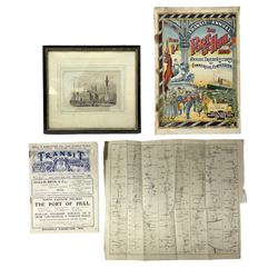 18th century Ogilby type route map entitled 'A Survey of the Road from London to Flamborough Head Yorkshire' being Plate XVI the section from Stilton to Flamborough Head including Hull, Beverley etc 33 x 37cm, unframed and folded; hand-coloured 19th century vignette entitled 'The Wilberforce Monument and St. John's Church Hull', Hogarth frame; The Port of Hull 1908 Transit Annual; and another copy of The Transit Journal July 15th 1909 (4)