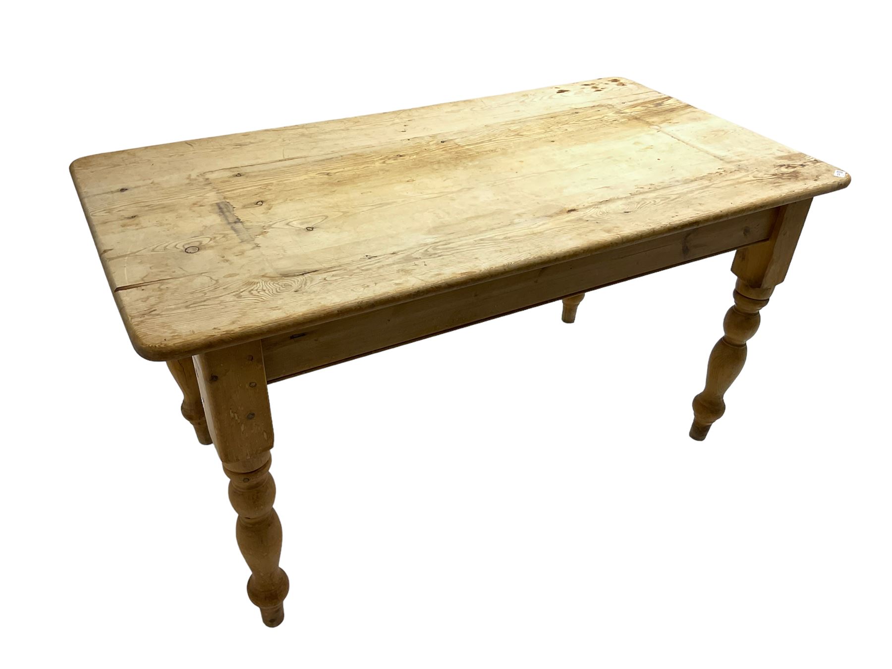 Traditional pitch pine farmhouse table, rectangular top raised on turned supports