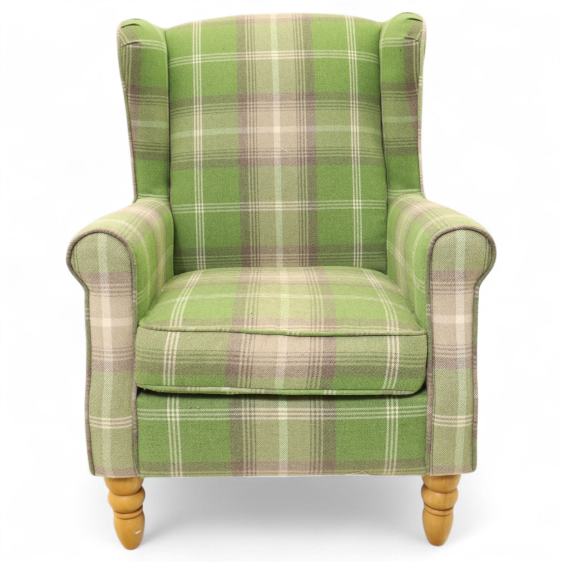 Contemporary green tartan upholstered wingback armchair, with scroll arms and loose seat cushion, raised on turned beech front supports with brass castors
