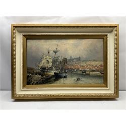 Richard Weatherill (British 1844-1913): Whitby Harbour with Sailing Boats and Steam Ship at Low Tide, oil on canvas signed 44cm x 76cm
Notes: this is a near identical view to the one sold by David Duggleby Ltd 6th November 2020 Lot 96, which at 60cm x 90cm was the largest work by Weatherill to have come on the market in the last 20 years