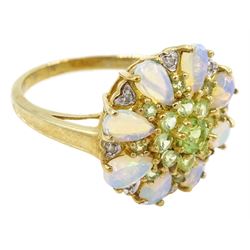 9ct gold pear cut opal and round cut peridot cluster ring, hallmarked