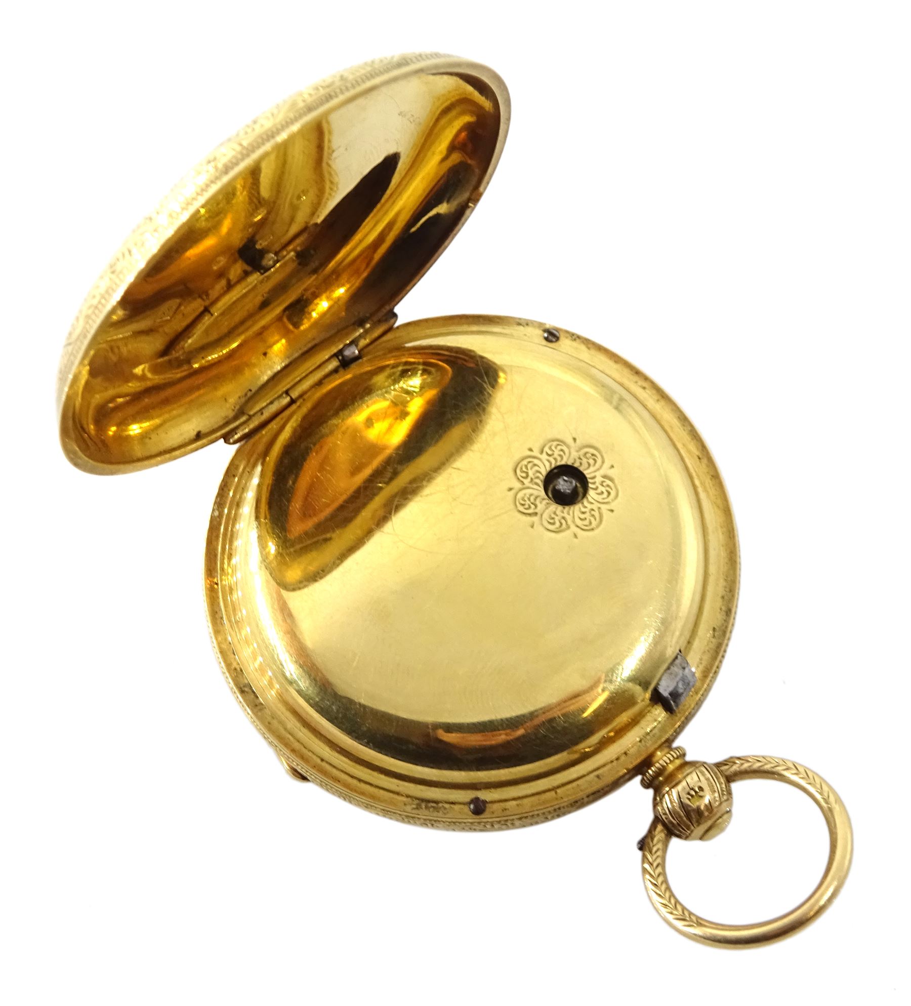 Victorian 18ct gold open face English lever ladies pocket watch by Robert Sutton, Whitehaven, No. 95098, white enamel dial with Roman numerals, case by Rotherham & Sons, Birmingham 1891, in original velvet and silk lined case