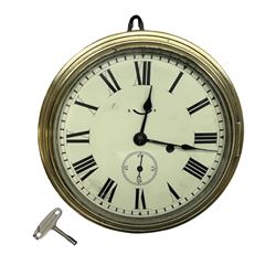 Seth Thomas ship's bulkhead clock with brass bezel and japanned case, the white dial with Roman numerals and subsidiary seconds dial D23.5cm; with key
